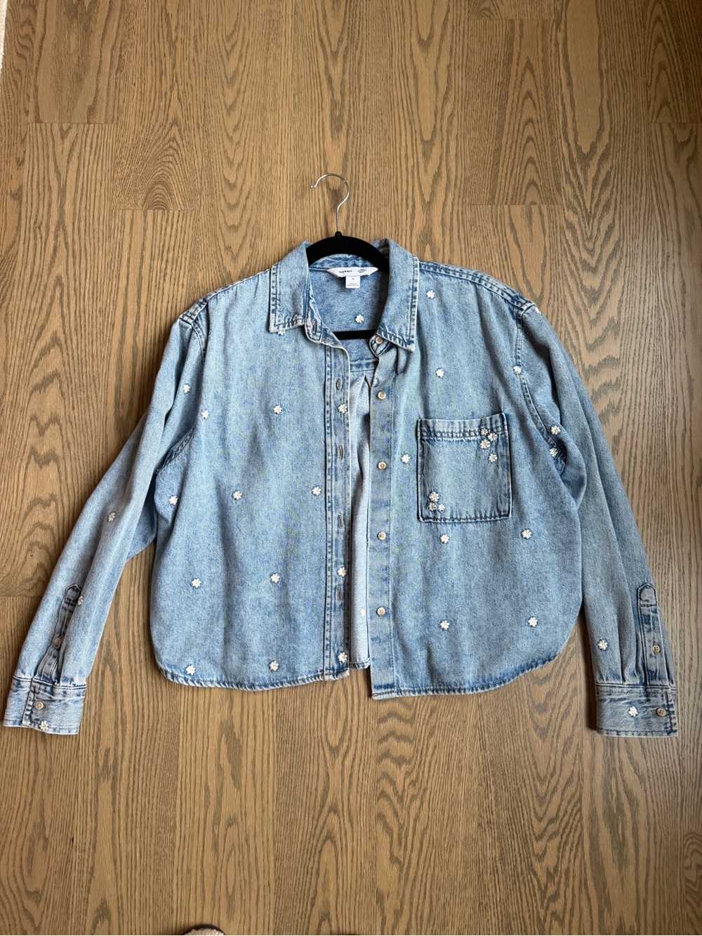 Old Navy Light Blue Denim button down jacket with White Daisy Embroidery